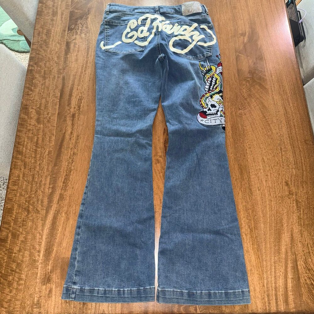 Ed Hardy Slim Flare Jeans Vtg Tattoo Skull Graphic New York City Denim Size 30 - Picture 2 of 8